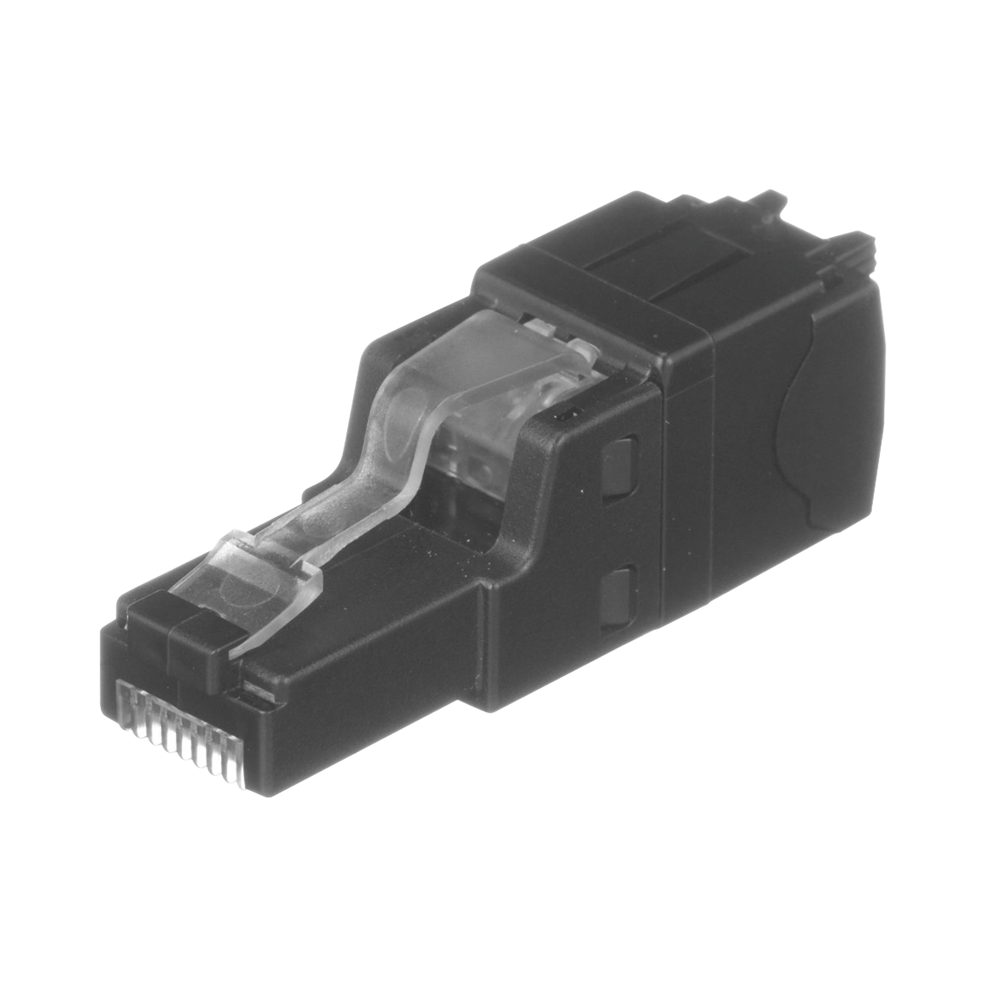 Plug RJ45 UTP, Instalación Recta, Terminación en Campo Certificable, Compatible con Cat5e, Cat6 y Cat6A, Color Negro Plug RJ45 UTP, Instalación Recta, Terminación en Campo Certificable, Compatible con Cat5e, Cat6 y Cat6A, Color Negro